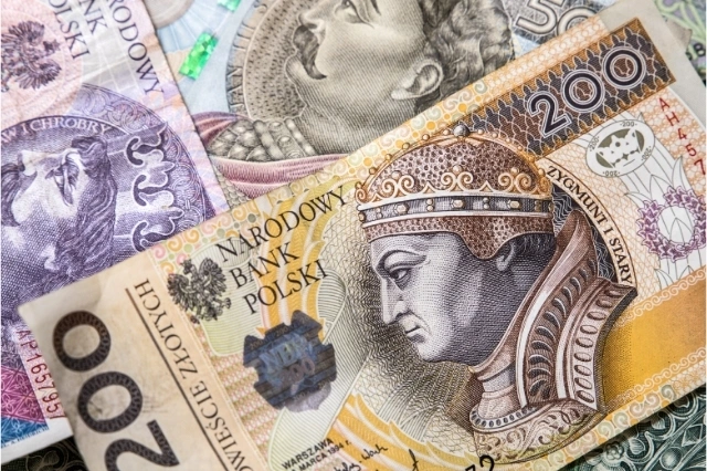 Primer plano de un billete polaco con el retrato detallado de un hombre, en el que destacan elementos de diseño intrincados.